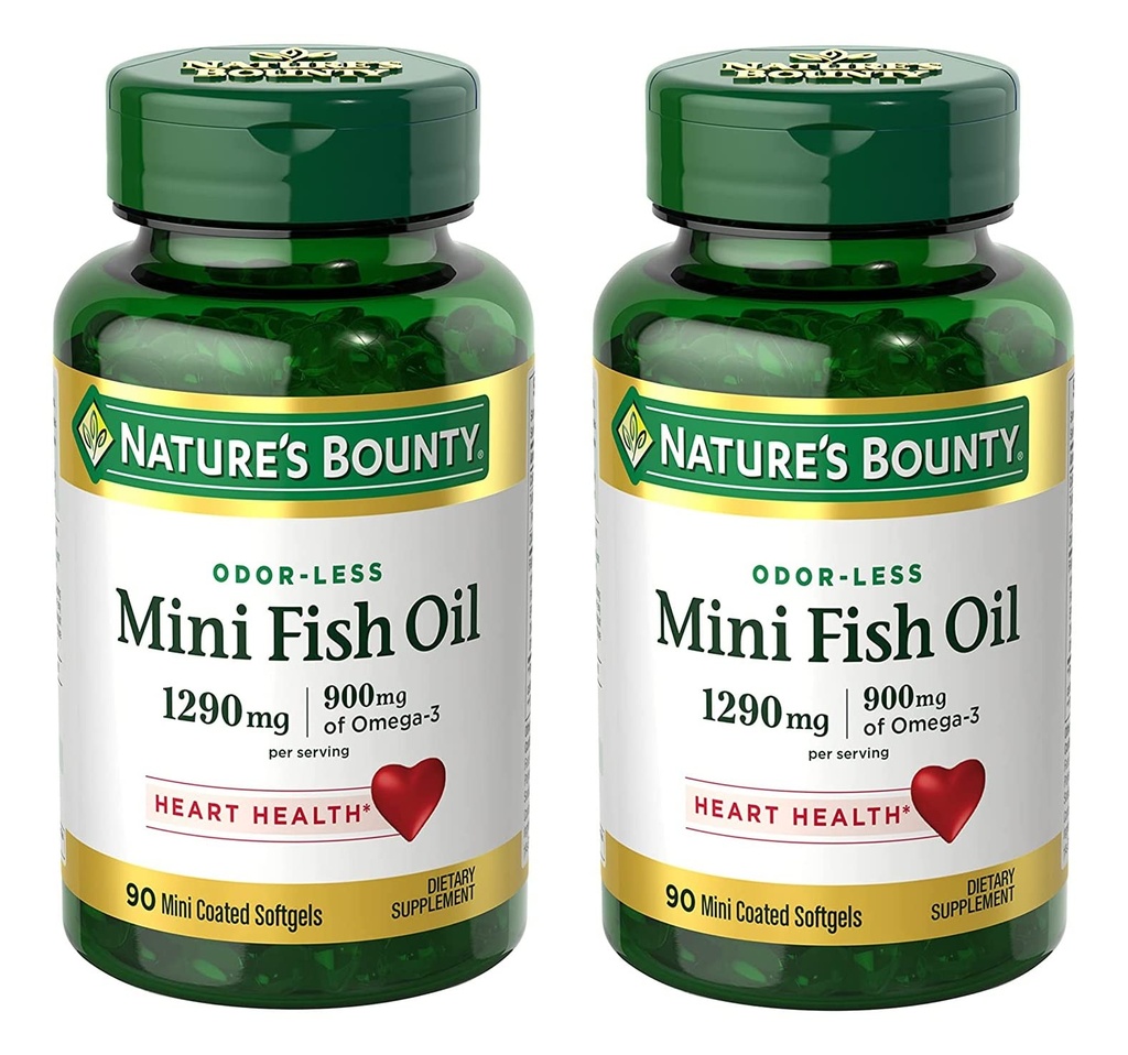 Naturens Bounty Mini Fish Oil Softgels 1290 mg, Omega-3, stöder hjärthälsa, luktmindre, 90 Mini Coated Softgels - Pack på 2