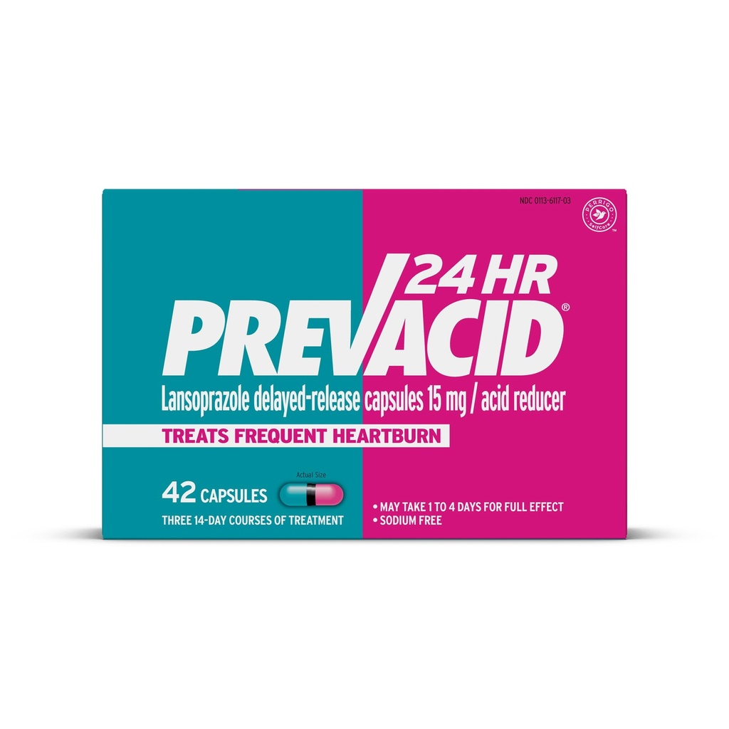 Prevacid 24HR Lansopratsoli Viivästyneet kapselit, 15 mg/Acid- reduktori, Protonipumpun estäjä (PPI) närästyksen lievittämiseen, 42