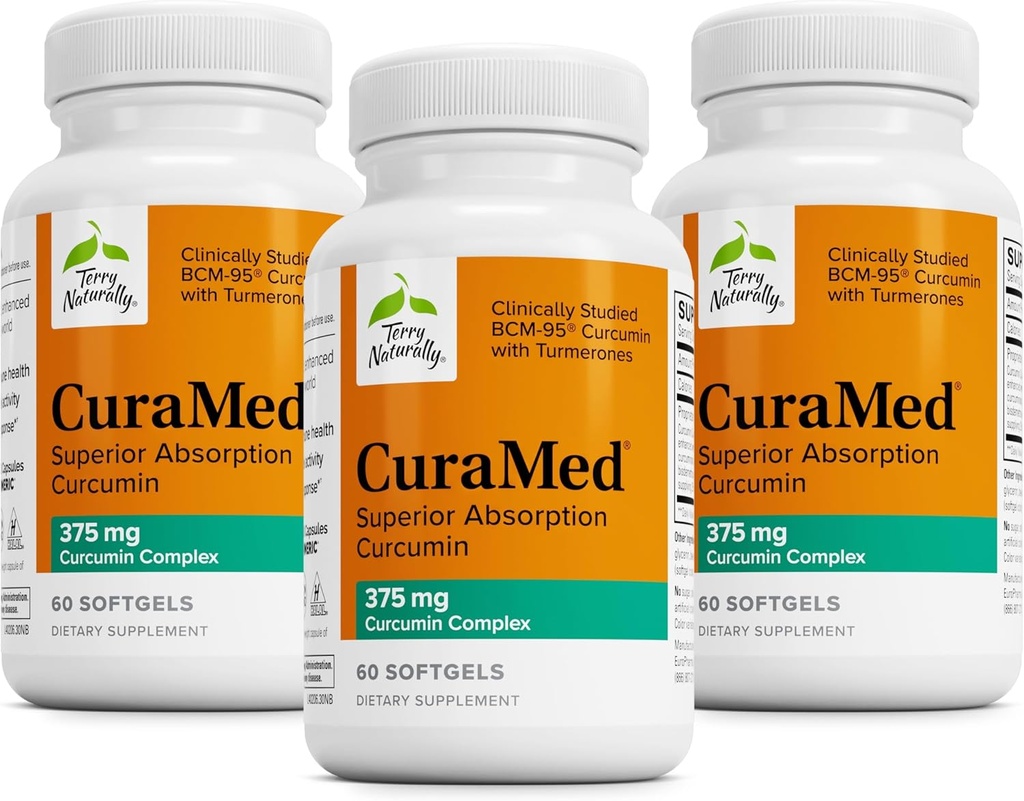 Terry Luonnollisesti CuraMed 375mg - Antioksidantti täydentää aivojen ja immuuniterveyden tukea - Ruokavalio täydentää Curcumin & Turmeric Essential Oil - Herbal Liver Support - 60 Softgels (paketti 3)
