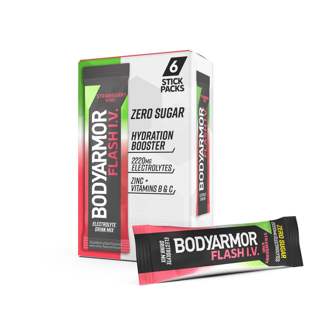 BODYARMOR Flash IV Elektrolyyttipakkaukset, mansikat - Zero Sugar Drink Mix, Single Serve Packs, Coconut Water Powder (6 kreivi)