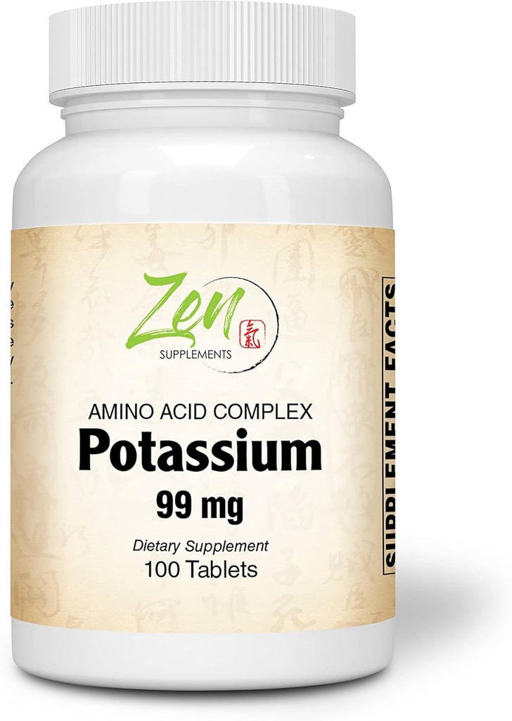 Zen lisäravinteet - Kalium 99 mg (Aminohappo) 100-Tabs - neste- ja elektrolyyttitasapaino Formula - Sydän-, hermo- ja lihastoimintojen tuki