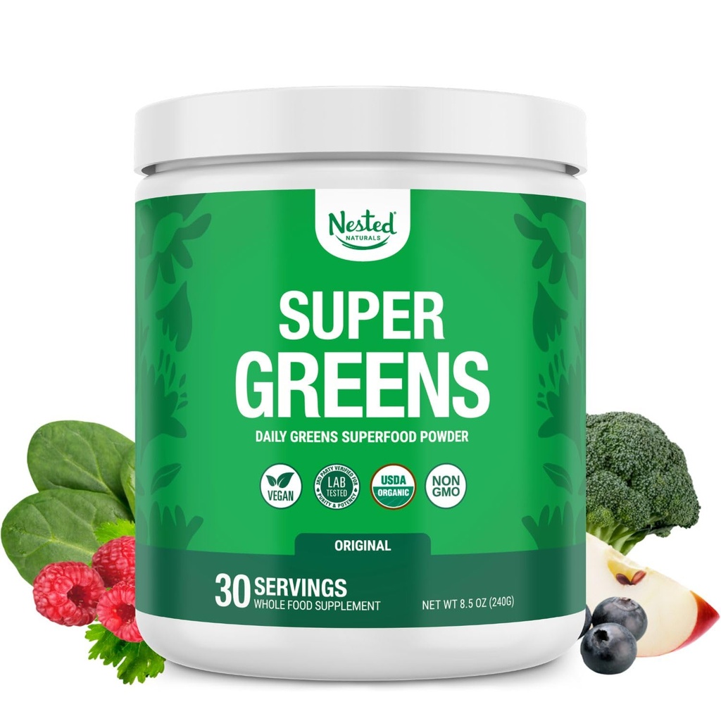 Nested Naturals Super Greens Daily Superfood Powder - Certified USDA Organic Green Powder w/20+ Whole Foods, Spirulina Powder,Wheat & Barley Grass - Probiotika, Fiber & Enzymes - Original smak, 30