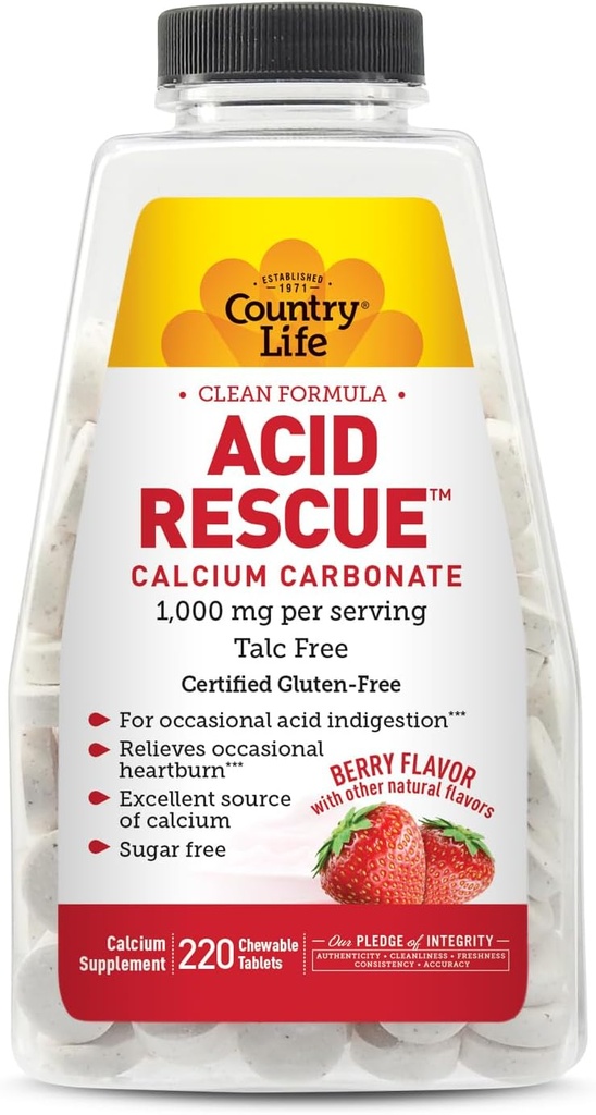 Maa Life Acid Rescue Chewable Tabletit - Certified Vegan & Gluteeniton Heartburn Relief, 400 mg kalsiumia & magnesiumia, ei-GMO, sokeriton mint Flavor, tukee luun terveyttä, 220 kreivi