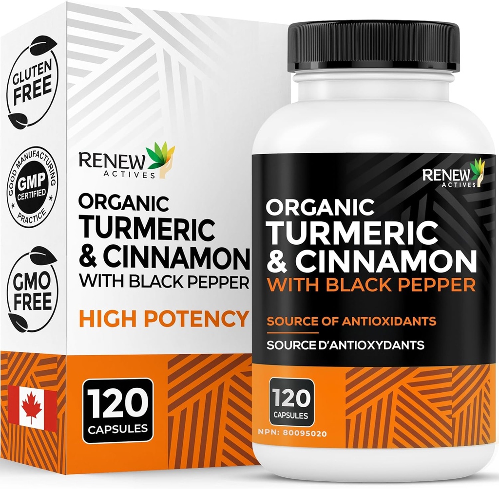 Renew Actives Organic Turmeric 474MG & Cinnamon 50MG per 2 kapslar - med Curcumin & BioPerine för Absorption - Stöder Metabolism, Joint Health & Digestion - Made in Canada - 120 kapslar