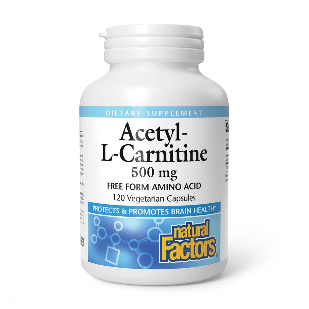 Natural Factors, Acetyl L-karnitiini 500 mg, Edistää terve muisti, keskittyminen ja aivojen toiminto, 120 kapselia (60 annosta)