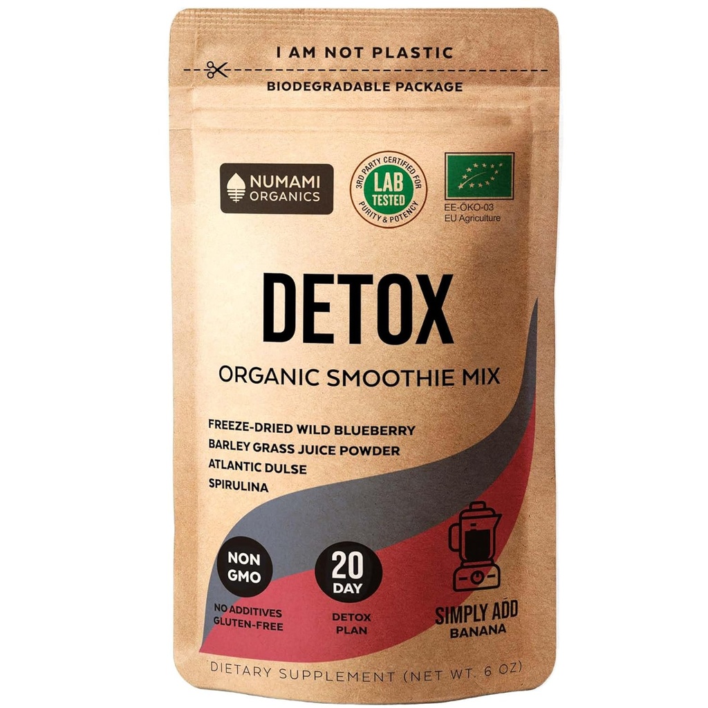 Numami Organic Detox Mustikka Smoothie Powder terveellä Spirulana, Atlantic Dulse ja Ohra Grass Juice Powder, Premium laatu superruokaa Euroopasta