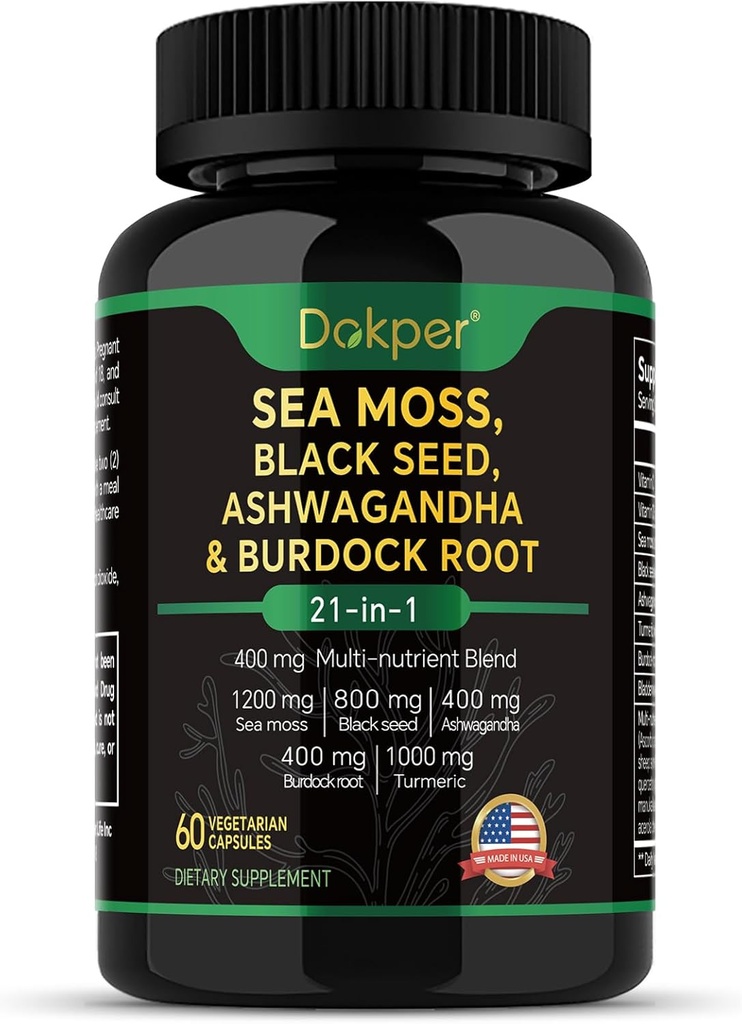 Sea Moss, Ashwagandha, Black Seed Oil Supplement, C- ja D3-vitamiini, jossa on kurkuma, rakkomurska ja Burdockin juuri, luonnon kasviperäisten tuki miehille & naisille 60 kapselia, ravintolisät, pakkaus 1