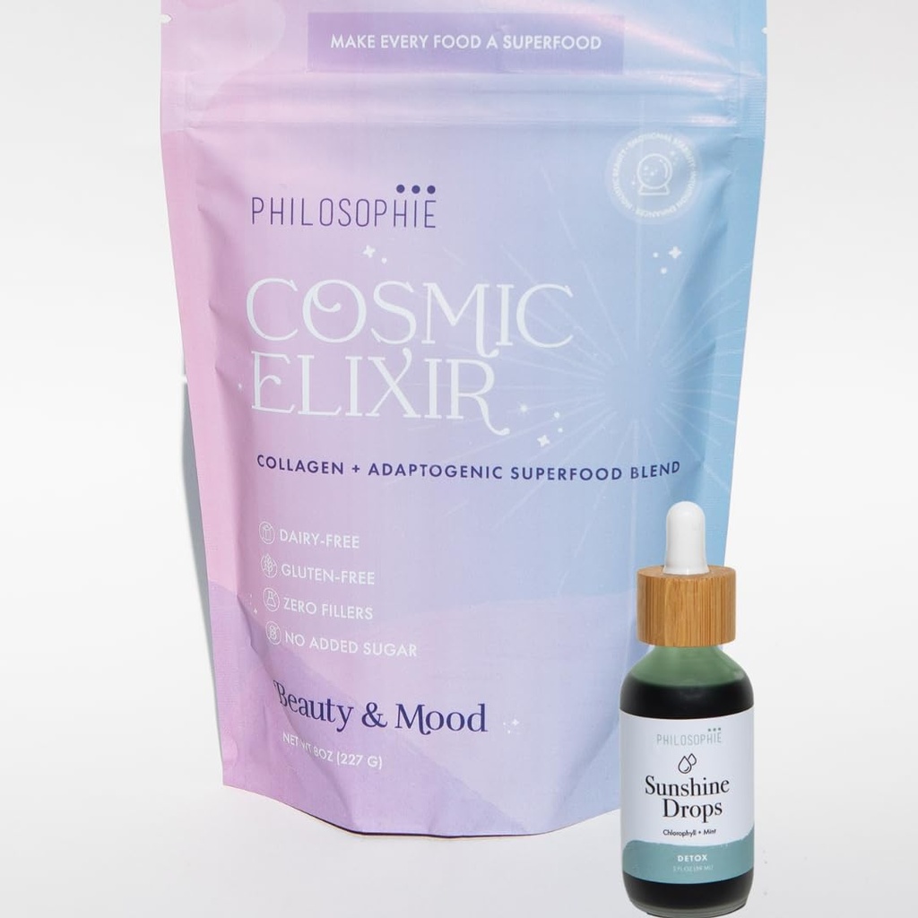 Philosophie Sunshine Drops & Cosmic Elixir Bundle - Liquid klorofylli & Superfood Powder Blend - Kaikki Natural Plant-Baseed 2pack