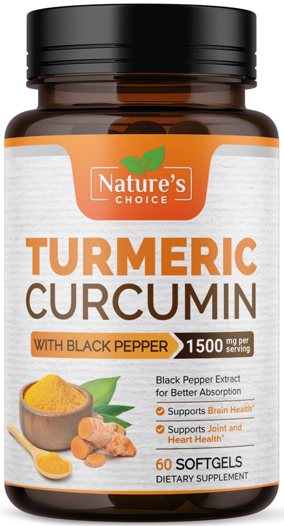Gurkmeja Curcumin Supplement 1500mg - BioPerine Black Pepper Extract Advanced Absorption Curcuminoids för naturens gemensamma stöd - Antioxidant Herbal Supplement för kvinnor och män, icke-GMO - 60 Softgels