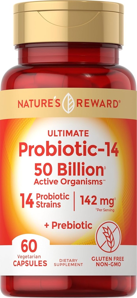 Probiootit prebiootit - 60 kapselia - 142 mg - 50 miljardia aktiivista organismia - kasvissyöjä, ei-GMO & Gluteenittomat lisäravinteet - Nature's Reward