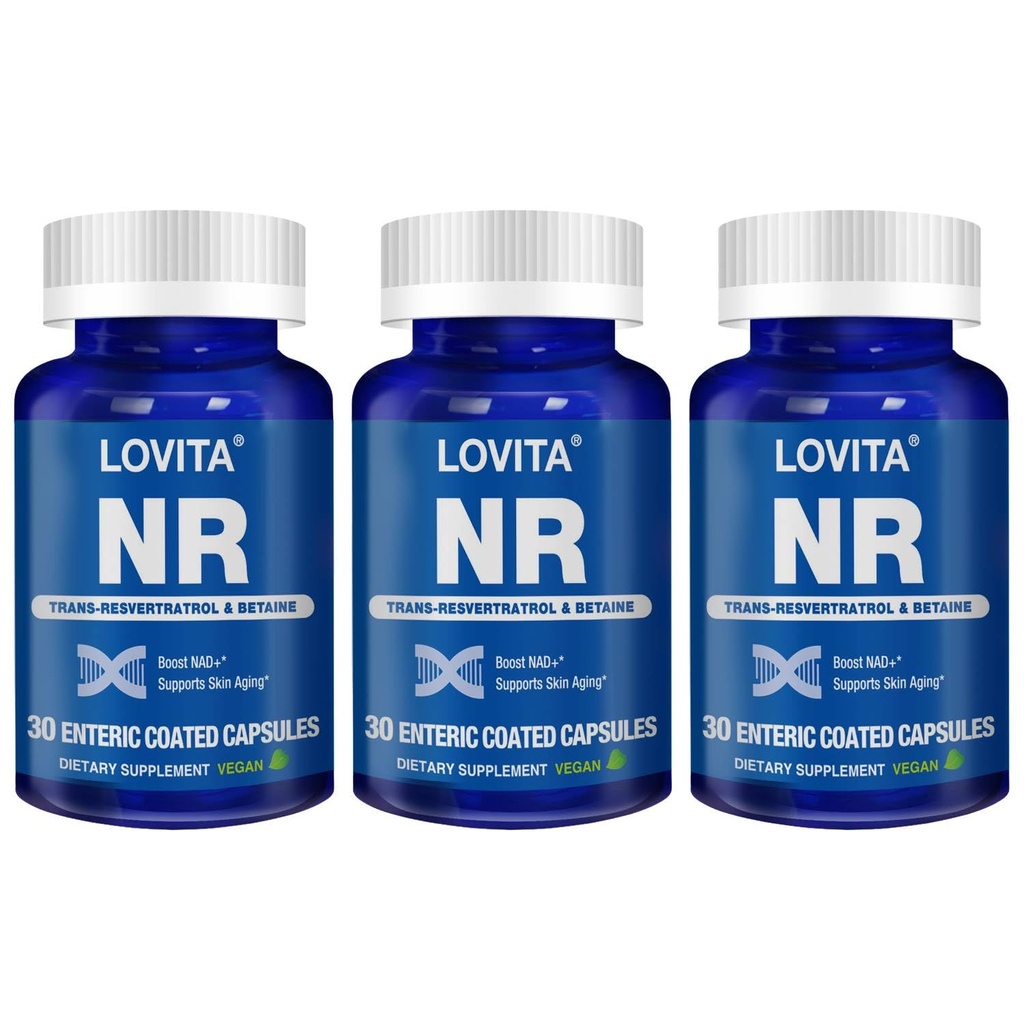 Lovita NR (Nicotinamide Riboside) 350 mg, NAD Supplement med Trans-Resveratrol och Betaine, främja NAD Plus-nivåer, hälsosam åldrande, 30 Vegan Enteric-Coated Capsules (Pack of 3)