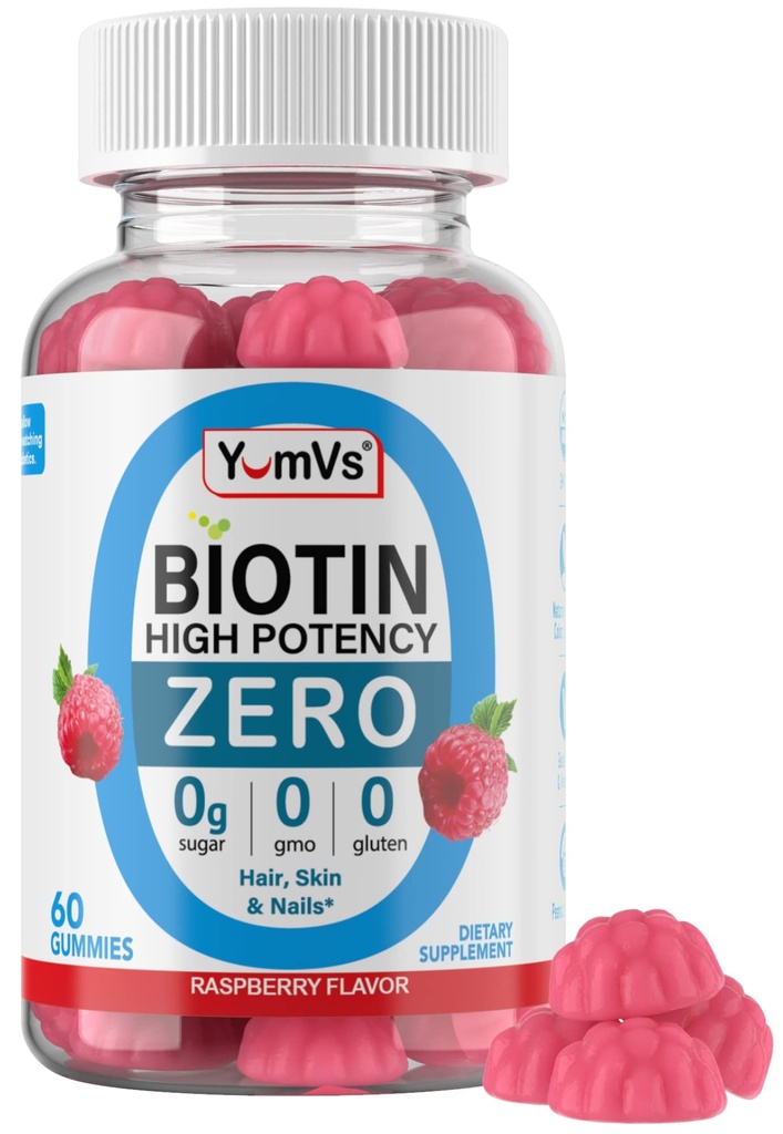 Biotin Gummies Sugar Free - 5 000 mcg High Potency Biotin för hår, hud och naglar - Zero Sugar, Non-GMO, Gluten Free, Vegan Raspberry Gummies - 60 Count