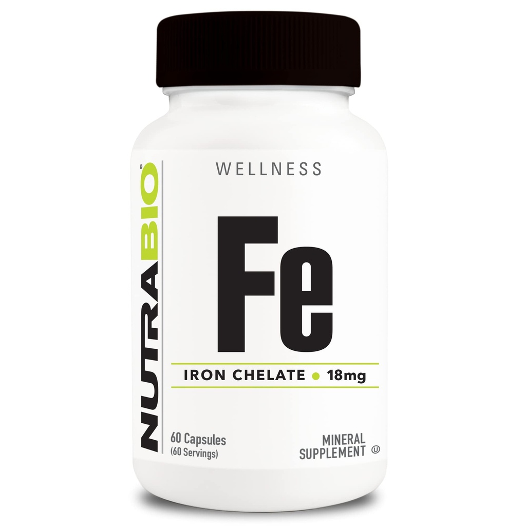 NutraBio Iron Chelate (18mg) - Rautalisät miesten ja naisten- Ferrous Bisglysinaatti Chelate, tukee Red Blood Cell Health, 60 kapselia