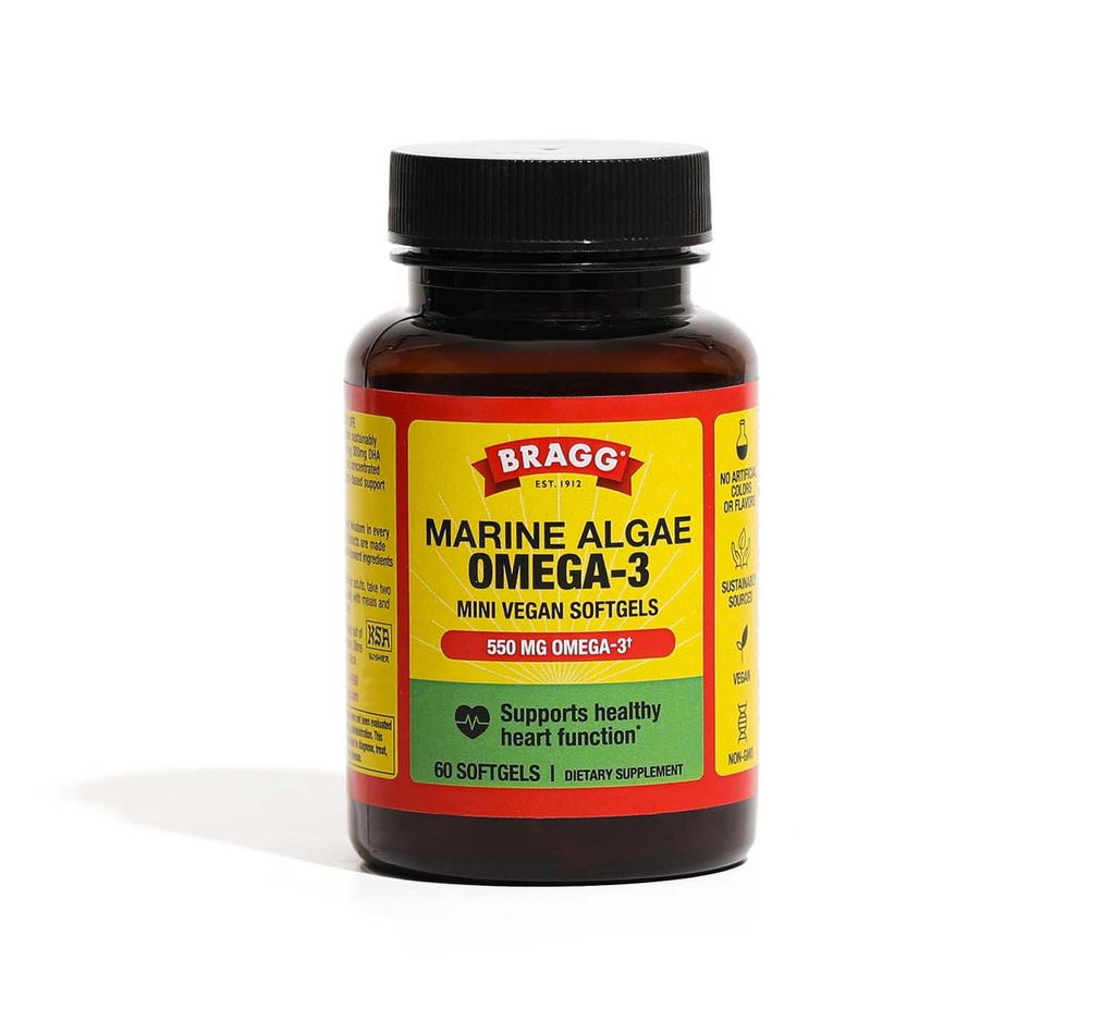 Bragg Omega-3 Supplement Kapselit DHA ja EPA - 60 Vegan Softgels - kestävästi Lähde: Marine Algae - tukee silmän ja aivojen terveys
