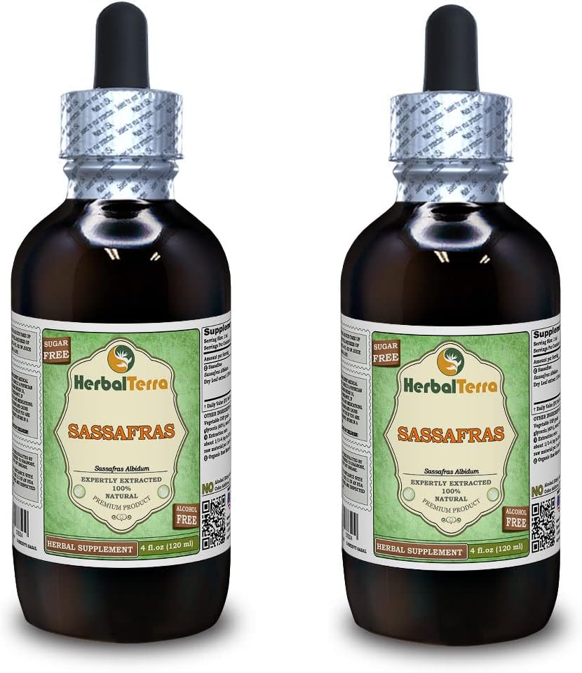 Organic Sassafras (Sassafras Albidum) Glyseriitti, kuivatut lehdet alkoholiton nesteuute (Brandin nimi: HerbalTerra, ylpeänä valmistettu USA) 2x4 fl.oz (2x120 ml)