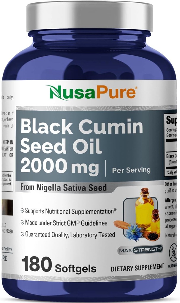 NusaPure Black Seed Oil 2000mg per servering - 180 Softgel Caps (Non-GMO, Gluten-Free) Cold-Pressed Nigella Sativa