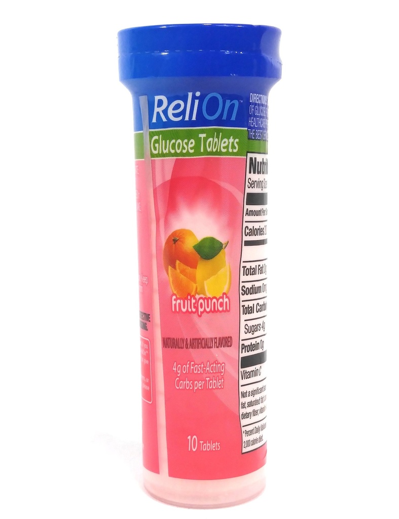 ReliOn Glucone Fruit Punch, 10 tablettia, On-The-Go Tube.