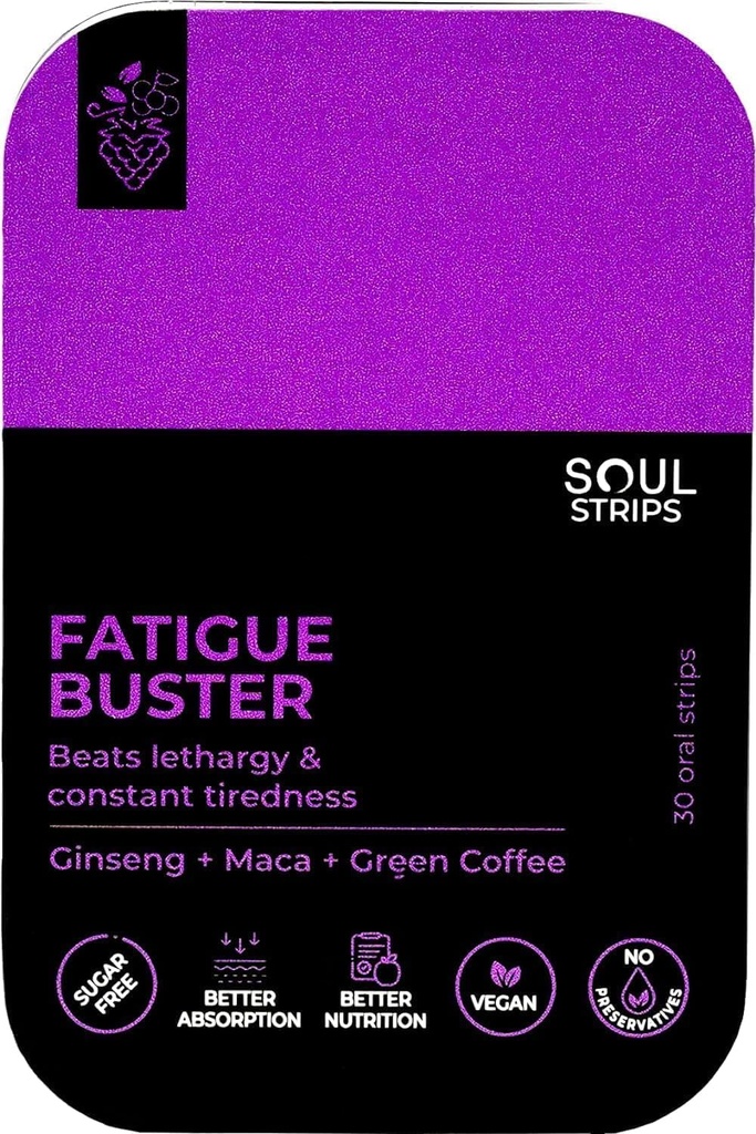 Soul Strips Fatigue Buster - Ginseng, Maca, Green Coffee, Energy Booster, minskar mental och fysisk trötthet, snabb Absorb, blandade bär smak, Travel-Friendly, 30 Fast-Dissolving Strips Pack