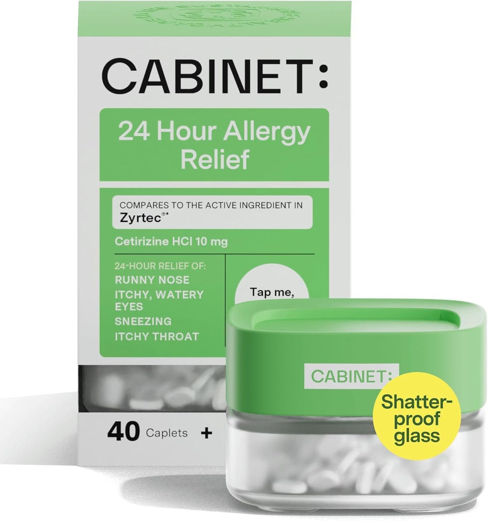 Cabinet: All Day Allergy Relief Cetirizine 10mg för icke-drowsy Relief från Common Allergy Symptoms (Refillable Glass Jar)