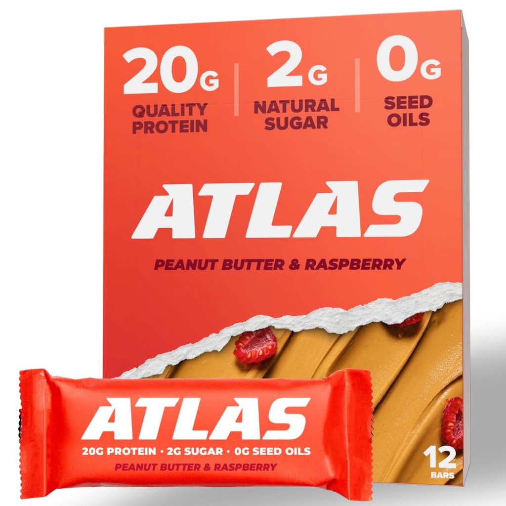 Atlas Protein Bar, 20g proteiinia, 1g sokeria, puhdasta ainesosaa, gluteeniton (Peanut Butter Vadelma, 12 laatikko 1)