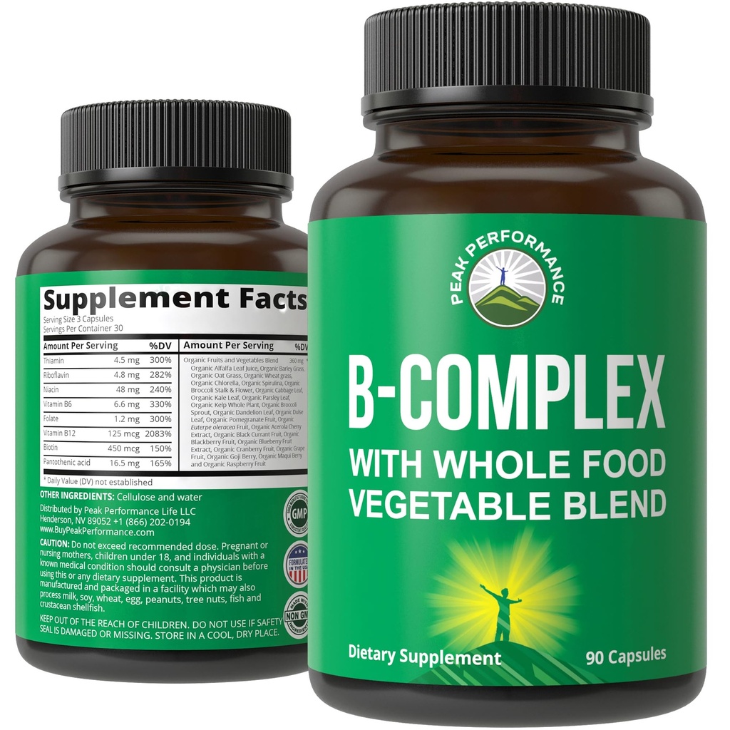 Vitamin B Complex Capsules + Whole Food Blend av 25 grönsaker och frukter för Max Absorption. Bästa Vegan B-Complex Supplement med vitamin B1, B2, B3, B5, B6, B7, B9 och B12. 90 kapslar. Energiökning