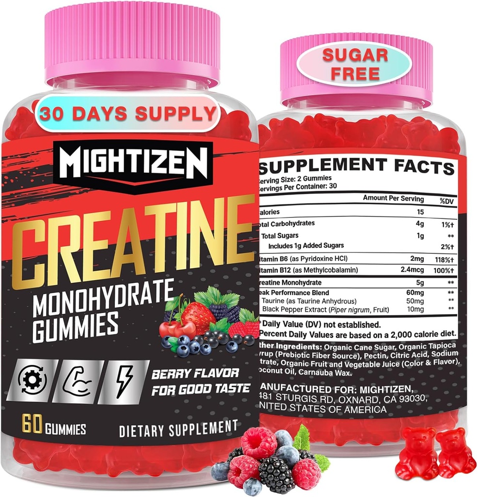 Kreatiini Monohydraatti Miehet ja naiset, Creatiini naisille Pureskella Creatiini Monohydraatti tauriini & B12, Pre-workout Gummies Max Strength, Energia & Endurance, Berry 60