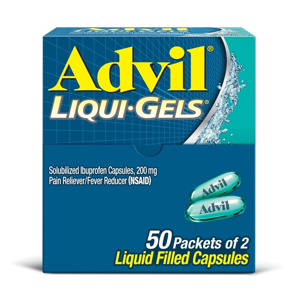 Advil Liqui-Gels Smärta Reliever och Fever Reducer, Smärtmedicin för vuxna med Ibuprofen 200mg för huvudvärk, Backache, Menstrual Smärta och Gemensam Smärta Relief - 50x2 Liquid Fyllda kapslar