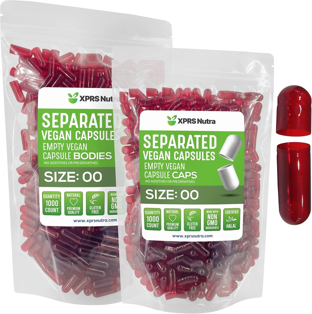 XPRS Nutra Vegan Koko 00 Erilliset kapselit - 1000 Count Premium Tyhjät kapselit Erotettu laukut - 00 pillereitä Tyhjä DIY täydennysosa täyte (Clear Red)