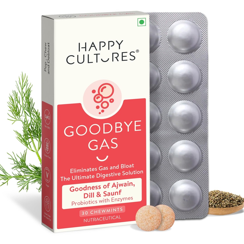 Happy Cultures Goodbye Gas, Chewable Gas Relief Capsules för Digestive Health, Bloating och Indigestion med Simethicone 50mg - 30 Chewables