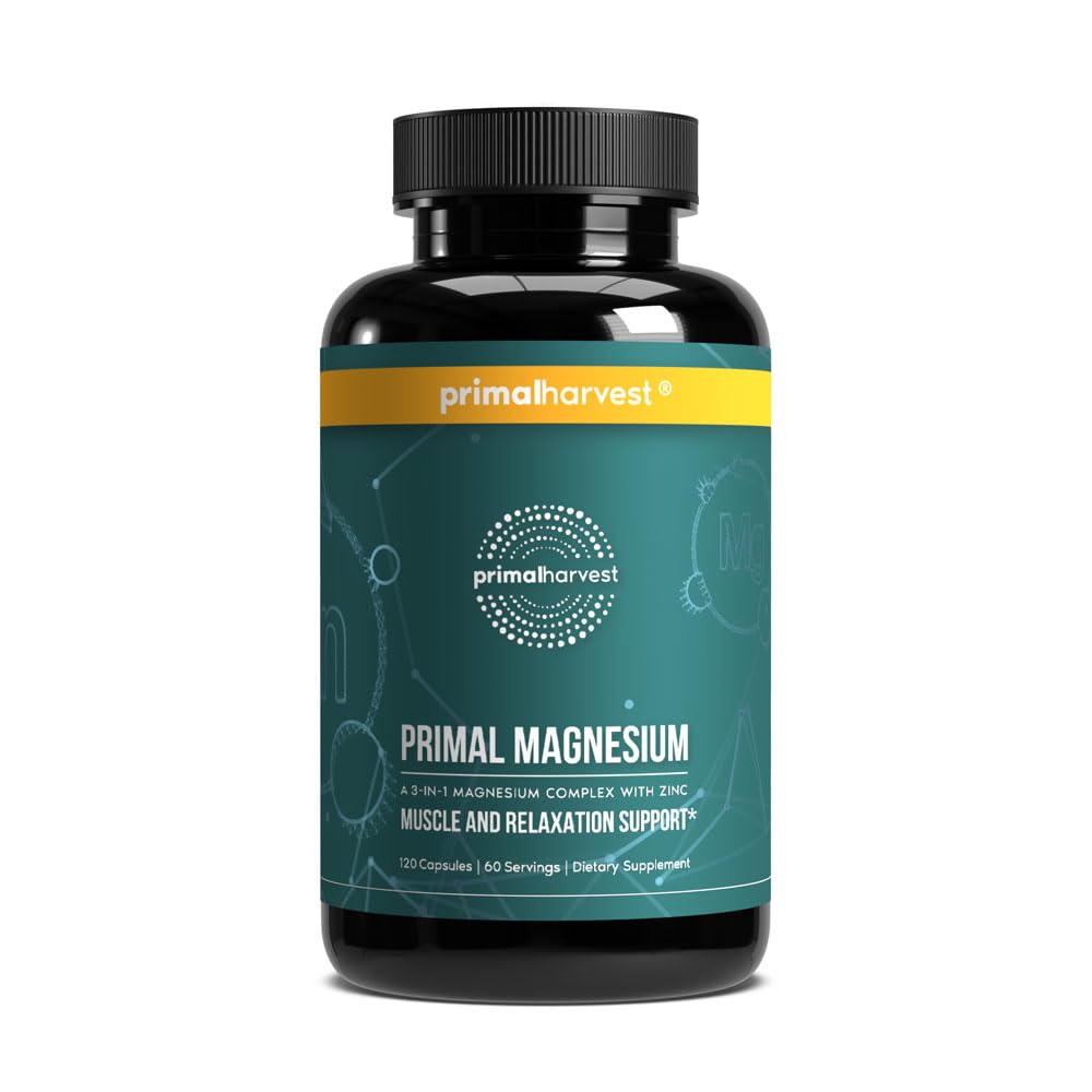 Magnesium Supplement Complex 310 mg Primal Harvest magnesium Glycinate, Sitraatti, malaatti ja sinkki 120 kapselia