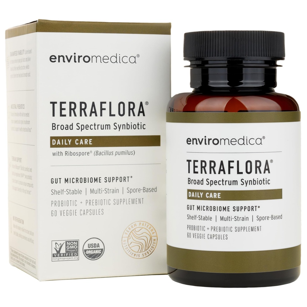 Terraflora Päivittäinen hoito synbiootti probiootteja ja prebiootteja naisille ja miehille 60 t, Maaperä, Kylpyhuone Stable, Allergen Friendly Spore Based Supplement Kapselit edistää Gut Health Enviromedica