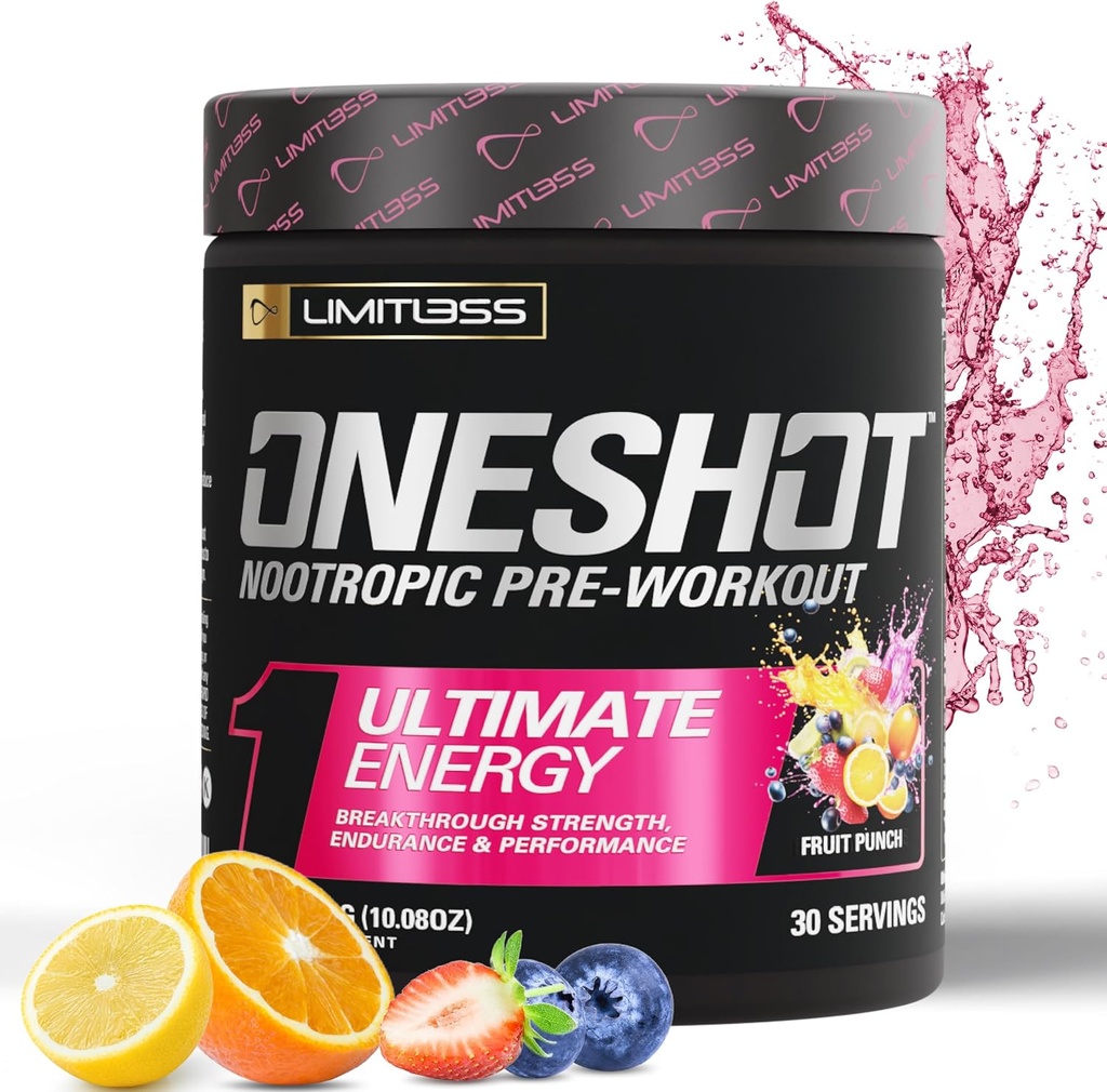 Oneshot Pre Treenout Powder for Miehet ja naiset - BCAAS Aminohapot täydentää Powder, 200mg kofeiini, Beta Alanine Powder, Citrulline malate Preworkout Powder - Hedelmän lyönti - 30 tarjoilua
