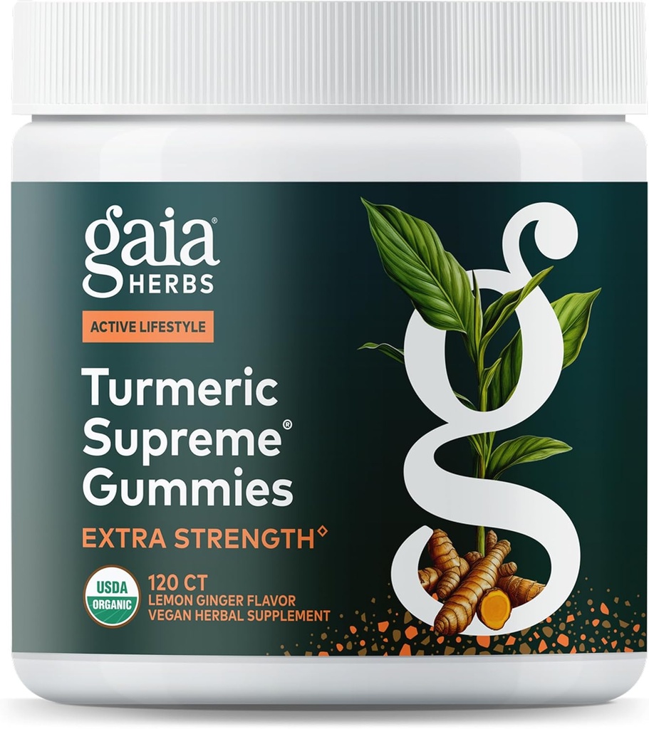 Gaia Yrtit Turmeric Supreme Extra Strength Gummies - Tukee turvotus helpotus auttaa säilyttämään aktiivisen elämäntapa - sitruunan Ginger Flavor - 120 Vegan Organic Gummies (40-päivä tarjonta)