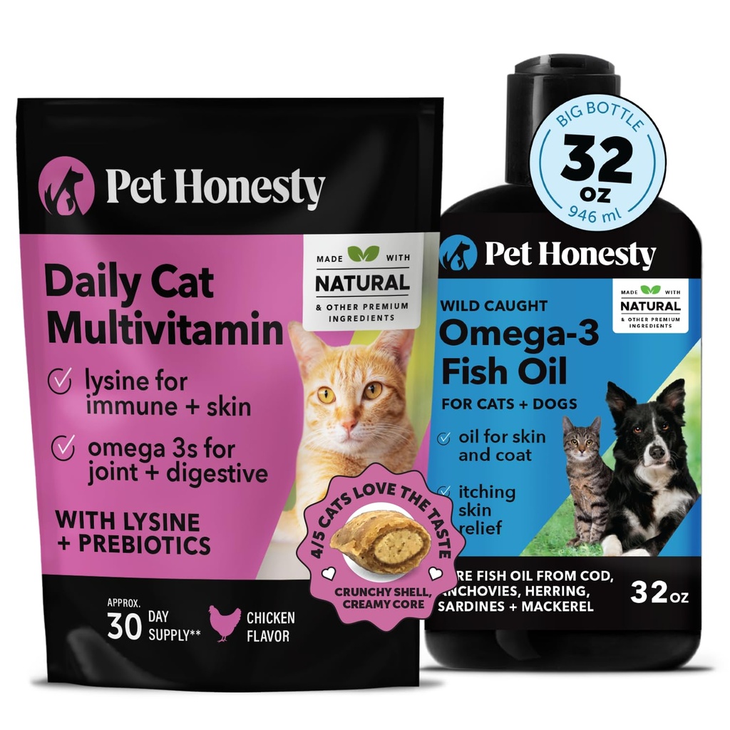 Cat Multivitamiini purukumia + Omega 3 kalaöljy täydentää koirille ja kissat - Cat HedelmÃ¤hoitoja, Immuuni, Joint Support, ihon ja turkin, digestio, ja yleinen hyvinvointi Kanan (30-päivä tarjonta)