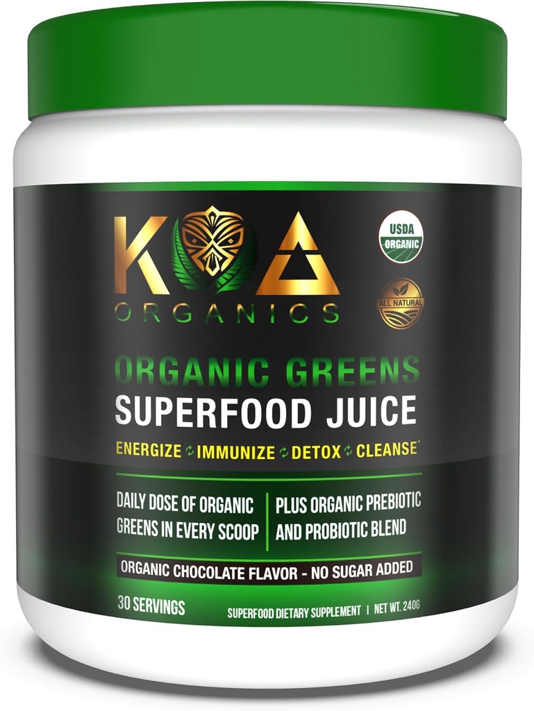 Vihreät Superfood Juice Powder - USDA Organic Super Greens Powder with Spirulina, Klorella, Matcha, Wheat Grass, Digestive Enzymes & Probiootit - Chocolate Flavor -30