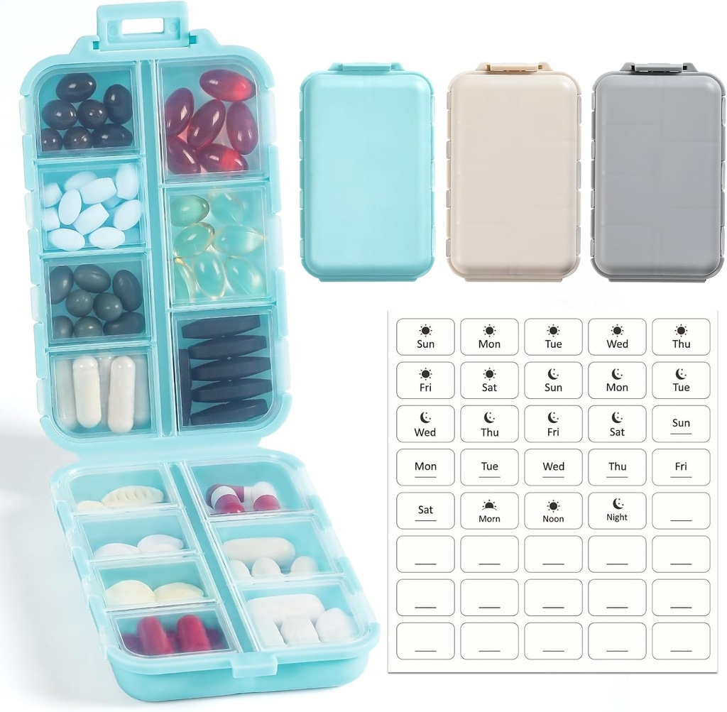 3 pakkaus, 14 GRIDS Travel Pill Organizer Box etiketeillä - Travel Medicine Case Kit - Pocket Daily Pharmacy Container - Matkalääkkeiden haltija Dispender Fish Oil Vitamiin Storage