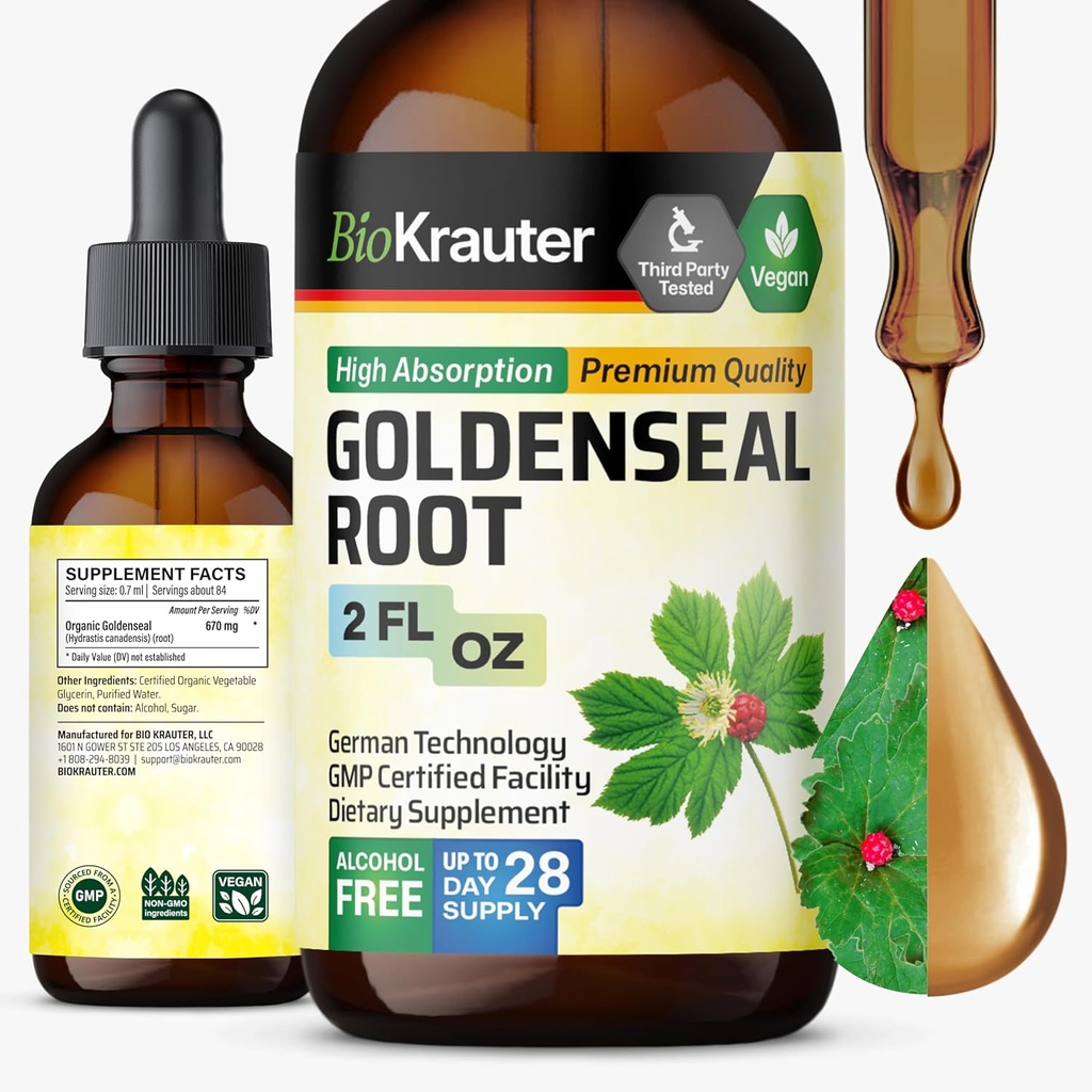 BIO KRAUTER Goldenseal juuriuute Liquid - Vegan hengitysteiden tuki - Golden Seal Drops - Alkoholiton ja sokeriton - 2 Fl.Oz.