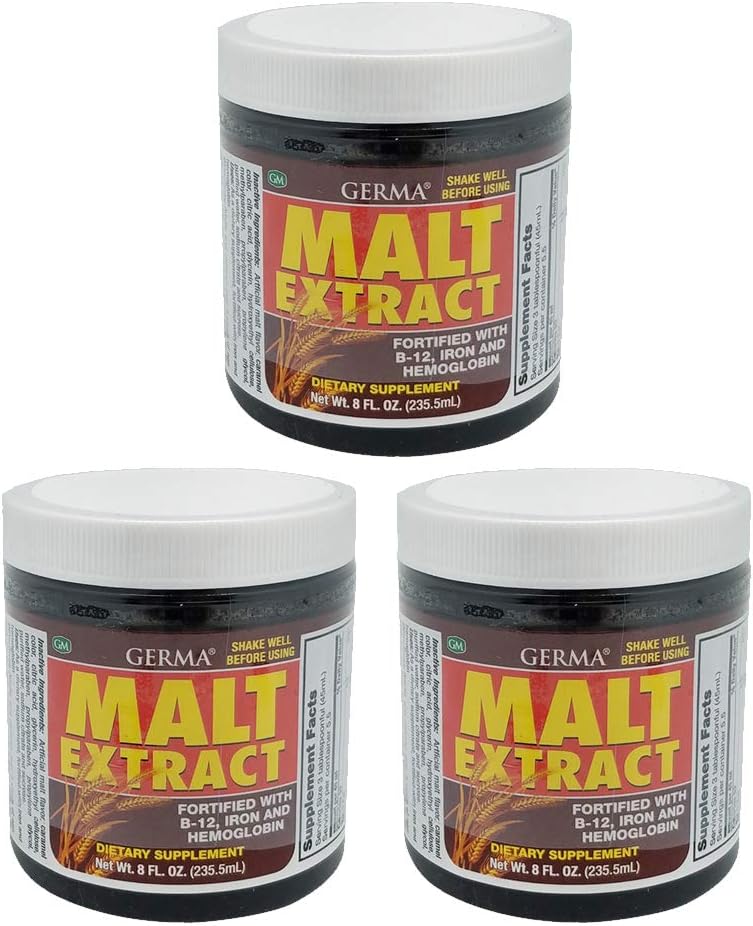 Germa Malt Extract. Ravintolisä. Vahvistettu B12-vitamiinilla, rauta ja hemoglobiini. Korkea antioksidanteissa. 8 fl. oz 3.