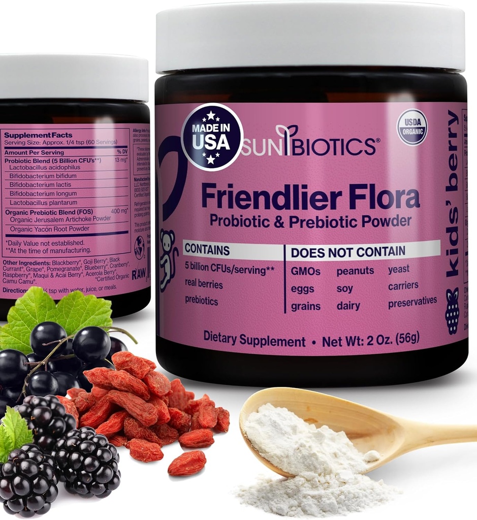 SUNBIOTICS Friendlier Flora - Kids Prebiotic och Probiotic Powder Supplement med 5 miljarder CFUs av 5 Probiotiska stammar för Good Gut Flora, Immune System och Balanced Microbiome - Berry, 2 Ounce