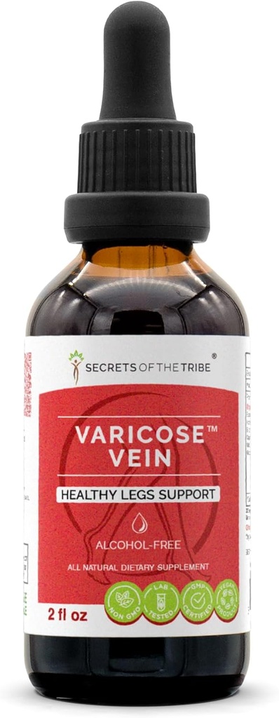 Secrets of the Tribe Varicose Vein Alcohol-Free, Glycerite Butcher's Broom, Horse Chestnut, Bilberry, Cayenne, Gotu Kola, Grape. Tinktur, Herbal Extract Healthy Legs Support 2 OZ