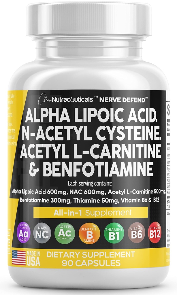 Alpha Lipoic Acid 600mg N- Acetyl Cysteine 600mg Acetyl L-Carnitine 500mg Benfotiamiini 300mg - Nerve Support Supplement for Women and Men with Vitamiini B1 B6 & B12 - Made in USA 90 Caps