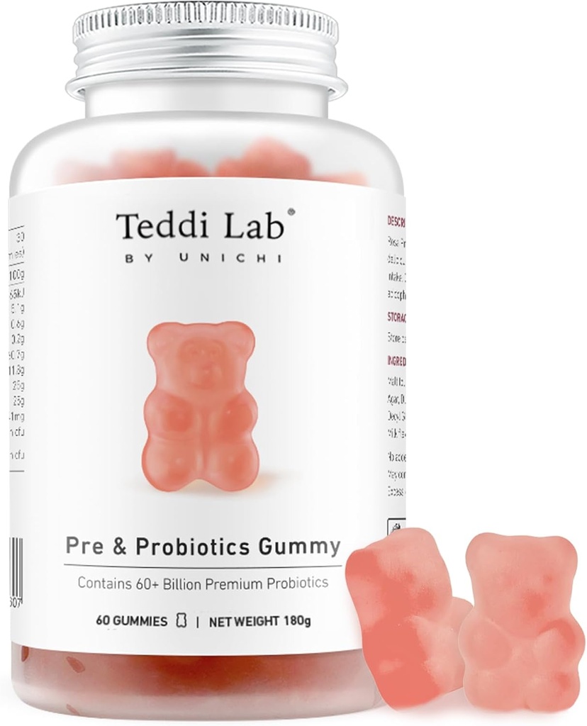 Unichi Pre & Probiootit Gummy, 60+ Billion Probiootit Yhdistetty Prebiootti digestiivisen hyvinvointi ja sisäinen tasapaino, ei-GMO, jogurtti maku, 60 kreivi