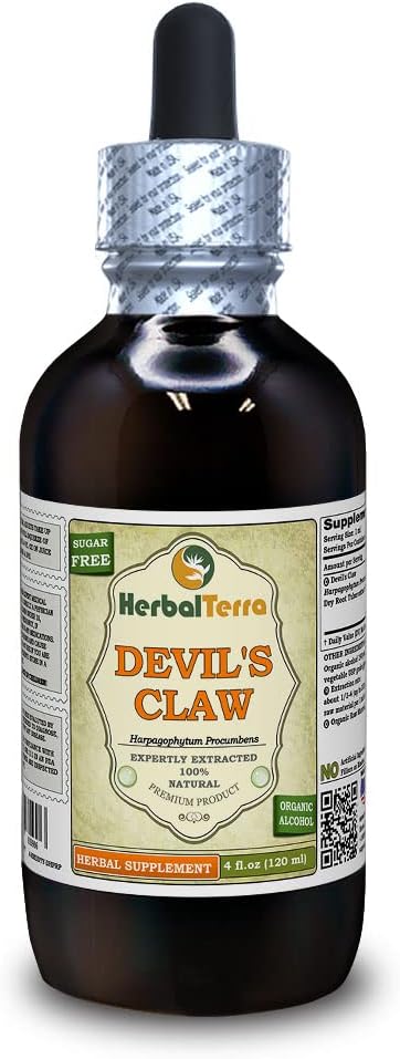 Devil's Claw (Harpagophytum Procumbens) Tincture, Organic kuivattu juurinesteuute (Brand Name: HerbalTerra, Proudly Made in USA) 4 fl.oz (120 ml)
