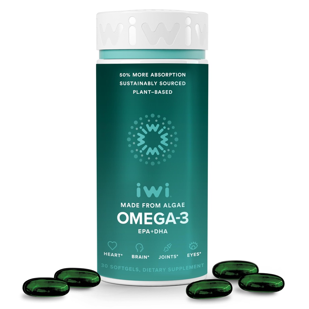 Iwi Omega-3, 30 Softgels (30 Servings), Vegan Plant-Based Algae Omega 3 med EPA + DHA, Whole-Body Support Dietary Supplement, Krill & Fish Oil Alternative, No Fishy Aftertaste