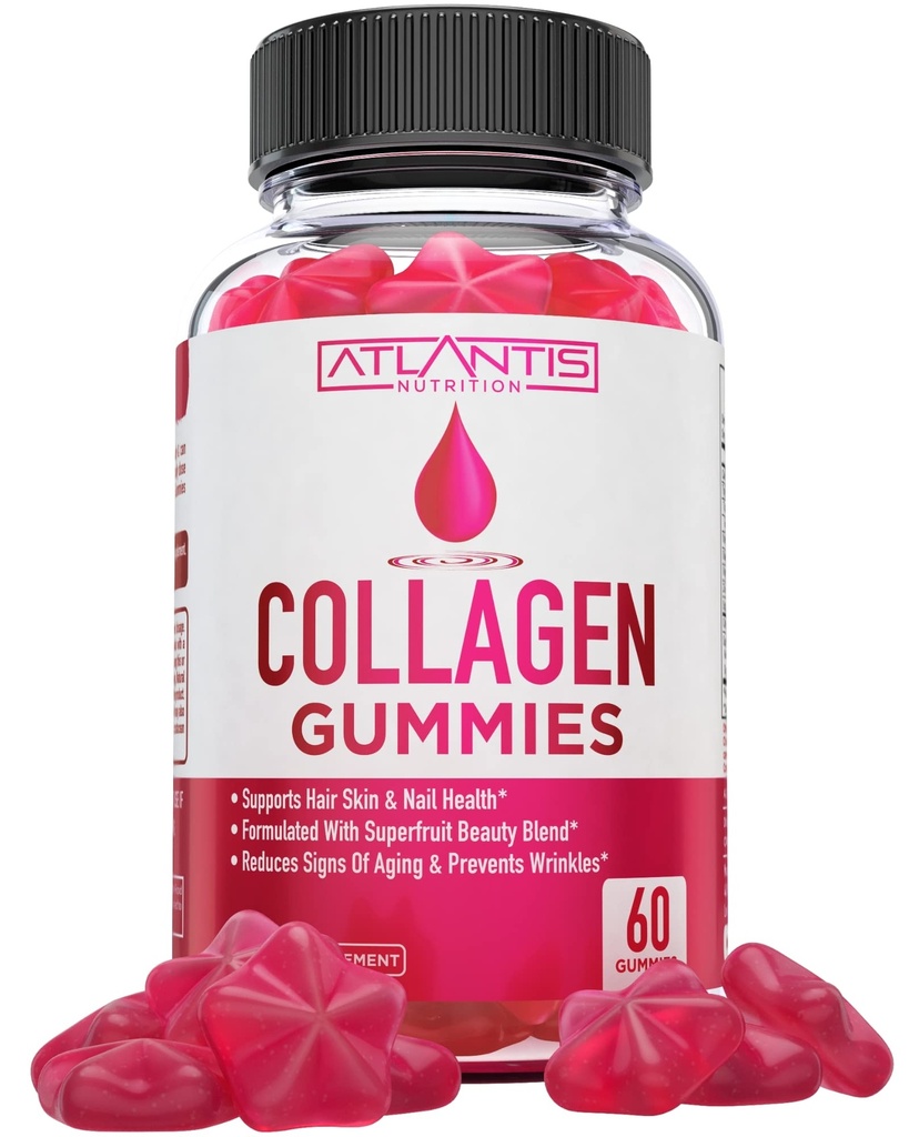 Atlantis Nutrition Collagen Peptides Gummies for Women - Formuloitu tyyppi I & III - Vitamiini & Superhedelmä Kauneus Blend - Formuloitu tukemaan hiuksia, kynsien ja ihon terveys . 60
