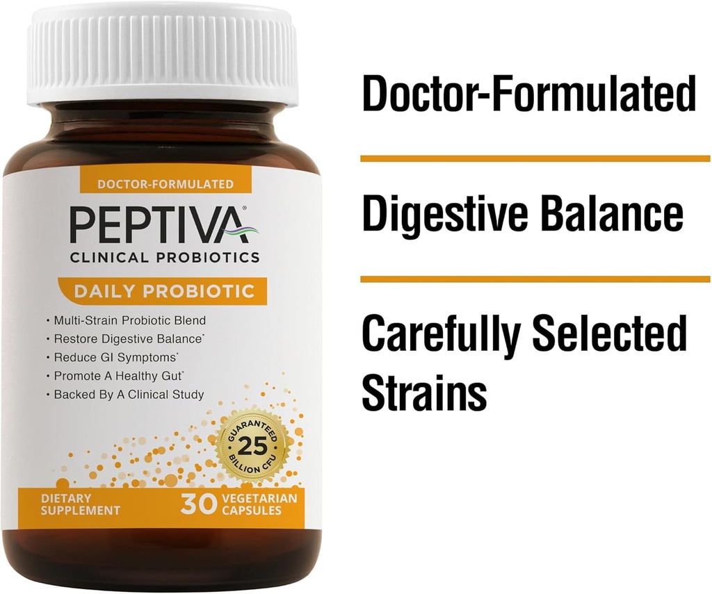 Peptiva Daily Probiootti, 25 miljardia PMY, monikantaprobiootit, Lactobacillus Acidophilus, Bifidobacterium, digestiivinen tukilisä - 30