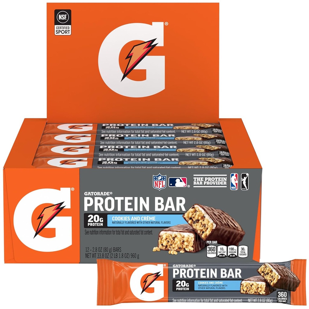 Gatorade Whey Protein Bars, Cookies & Crème, 2,8 oz barer (Pack av 12, 20 g protein per bar)