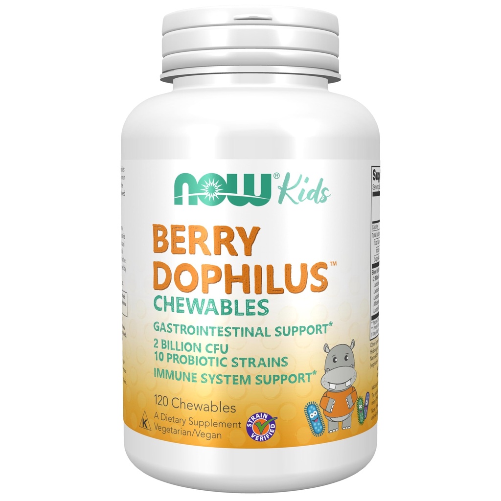 NOW Foods Supplements, BerryDophilusTM med 2 miljarder, 10 Probiotiska stammar, Xylitol Sweetened, Strain Verified, 120 Chewables, förpackningar kan variera
