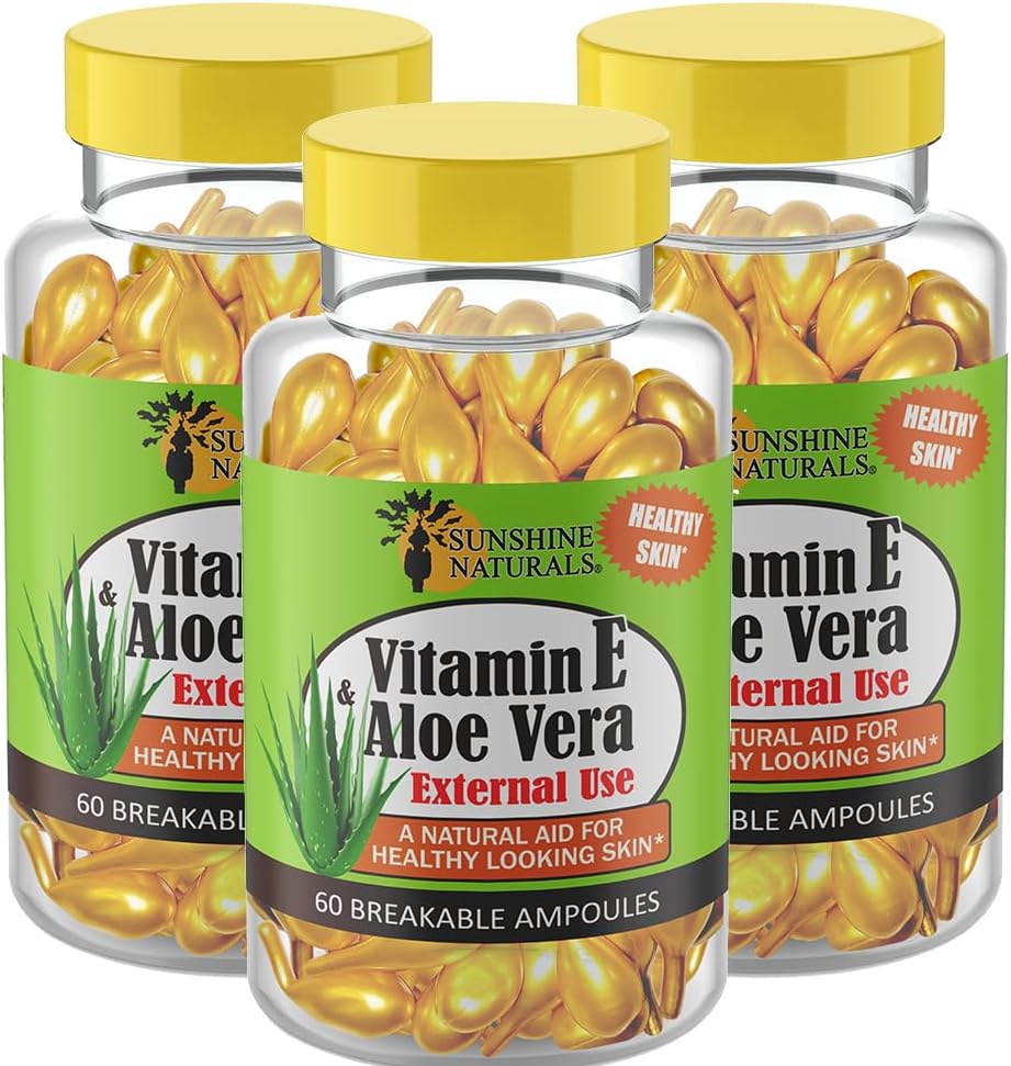 Sunshine Naturals E-vitamiini ja Aloe Vera Moisturizer. Hydrating Formula kuivalle iholle, rauhoittava helpotus, ravinto ja ihon elastisuus. Edistää pehmeää ja terveen näköistä ihoa. 60 injektiopulloa. 3 kpl pakkaus