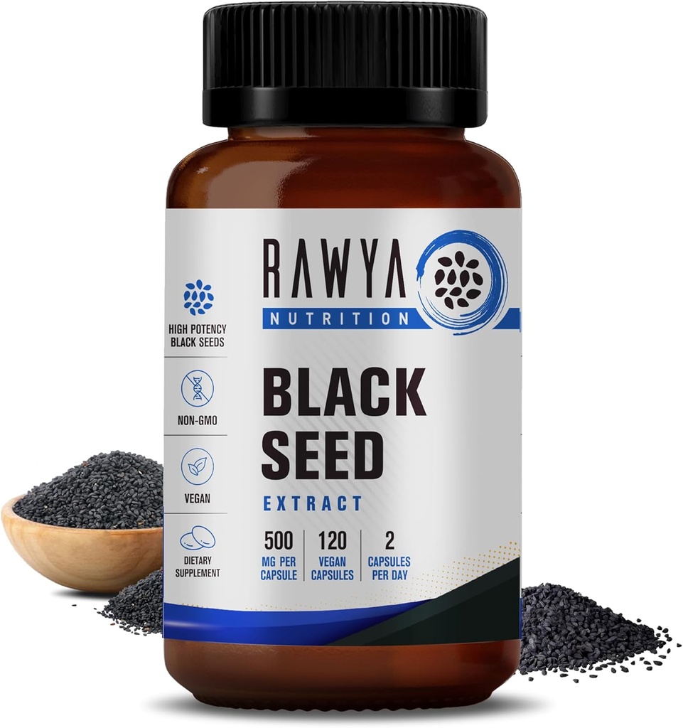 RAWYA Nutrition Black Seed Extract, Nigella Sativa, Black Cumin Seed Powder, 500 mg Jokainen, edistää hyvinvointia, joustavuutta ja Radiant iho, Halal, Vegan, Pure & Natural Supplement - 120 Vegan Kapselit